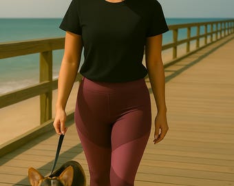 Leggings rosa oscuro para mujer con suaves curvas ruborizadas. Leggings de licra para mujer con forma natural.