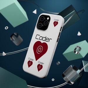 May include: White iPhone case with a red heart and the word "Coder" repeated four times. The heart has an "@" symbol inside.