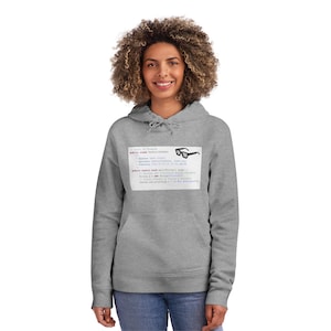 Op de afbeelding: Een grijze hoodie met een voorzak en een capuchon. De voorkant heeft een witte rechthoek met zwarte tekst en een bril. De tekst lijkt computercode te zijn.