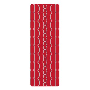May include: A rectangular yoga mat with a red background and a repeating silver geometric pattern. The pattern consists of vertical lines and connected curved shapes. The mat has rounded corners.