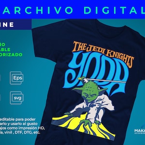 Puede incluir: Camiseta azul marino con un diseño de Yoda de Star Wars y el texto "The Jedi Knights Yoda". El diseño es en tonos verdes, azules y naranjas. La camiseta tiene un diseño vectorial y está etiquetada como "CINE".