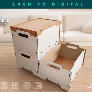 Puede incluir: Un archivo digital para una caja apilable con un grosor de material de 3mm. El diseño presenta paneles blancos con detalles en tono madera clara, asas integradas en los laterales y una tapa plana. Incluye el texto ARCHIVO DIGITAL y CAJA APILABLE.
