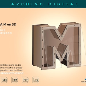 Puede incluir: Un diseño vectorial digital en 3D de la letra M, con un marco marrón y un panel frontal transparente. La imagen incluye el texto LETRA M en 3D, DISEÑO EDITABLE VECTORIZADO, iconos de formato Ai, Eps, dxf, PDF, svg y la marca Makai Perú.