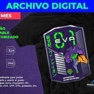 Puede incluir: Camiseta negra con un gráfico morado y verde de un robot con el texto "EVA" y "新世紀、ハウァンゲリオン" en japonés. El texto "GOD'S IN HIS HEAVEN ALL'S RIGHT WITH THE WORLD" también está incluido en el gráfico.