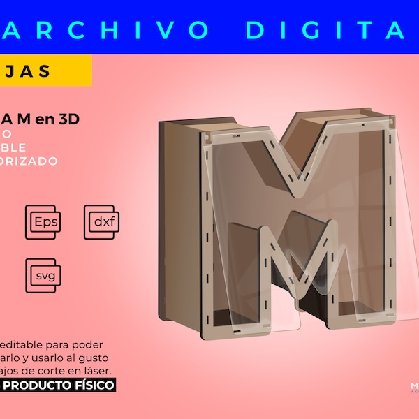 CAJA 3D LETRA M, archivo digital para Corte Láser