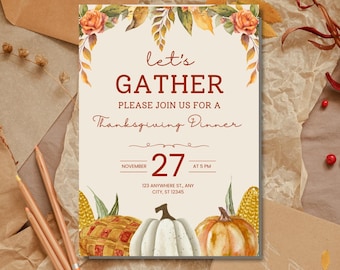 Plantilla editable de invitación para la cena de Acción de Gracias (descarga digital)