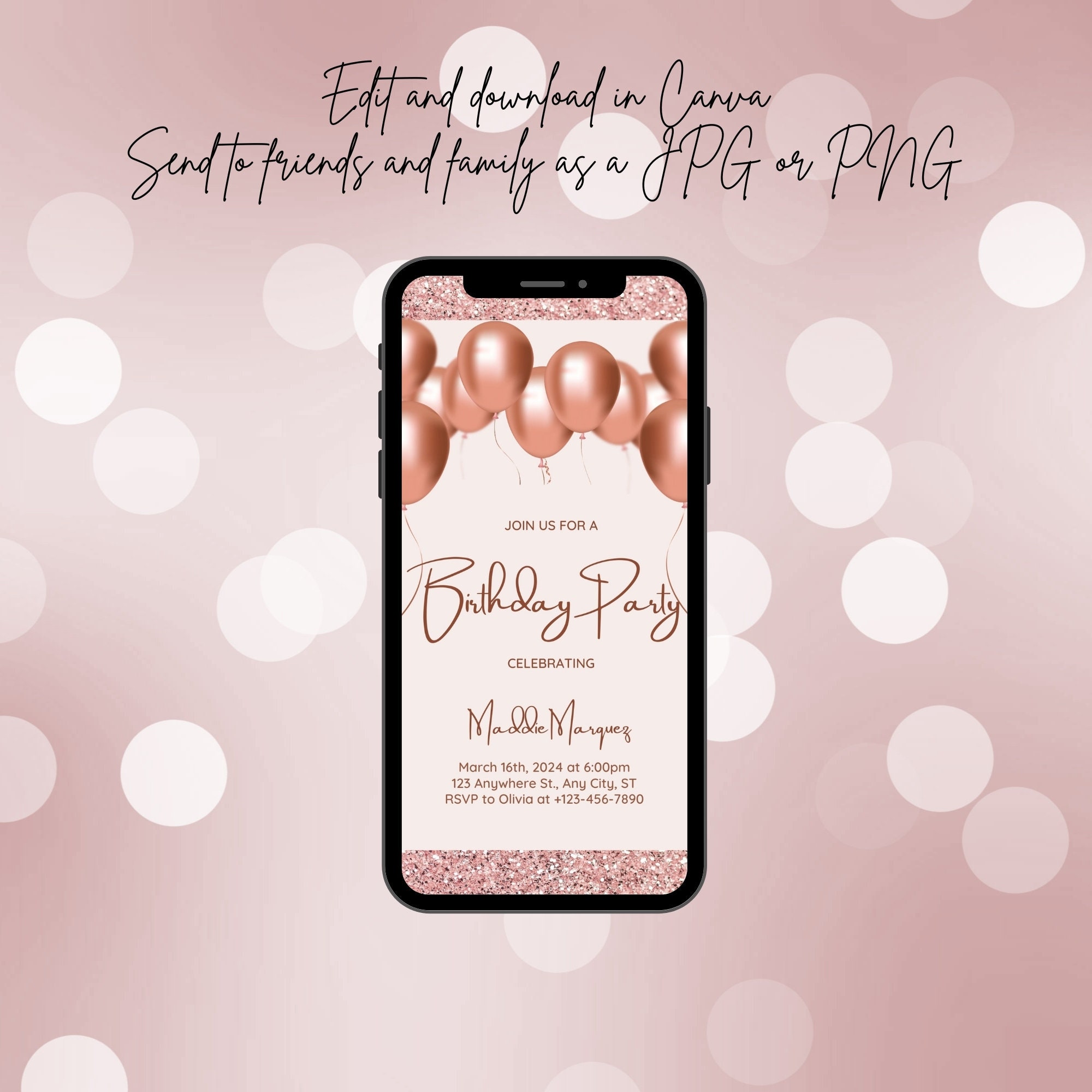 Editable Rose Gold Birthday Invitation Template, Birthday Printable ...