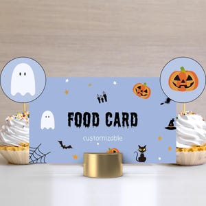 Tarjeta de comida personalizable para baby shower de Little Boo Is Due Blue, menú de fantasma azul, baby shower, tarjeta de comida para baby shower de Halloween Blue Ghost LF013