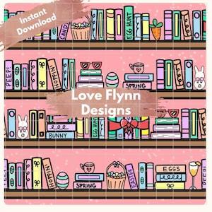 Spring Bookshelf Seamless Pattern 300 DPI PNG Download for Digital Papers Vinyl Fabric Surface Design Bookish Book Lovers Easter Pink