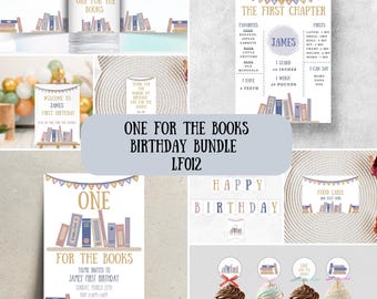 One for the Books Birthday Bundle, Customizable, Book Birthday, Edit in Canva, Digital Download, Print or Send Digitally, Storybook Theme
