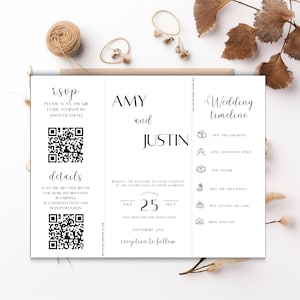 Minimalist Gatefold Wedding Invitation Template with QR Code (Digital Download)