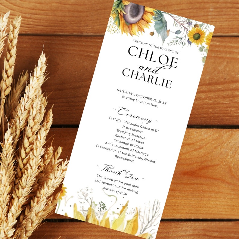 Recessional Message Sunflower Wedding Program Template: Rustic Yellow Floral (instant ...