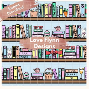 Spring Bookshelf Seamless Pattern: Easter Books, Fabric Design (PNG Download)