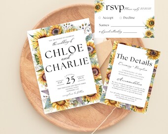 Sunflower Wedding Invitation, Sunflower Wedding Suite, Canva Wedding Invitation, Yellow Wedding Invite Printable, Editable Invitation, LF006
