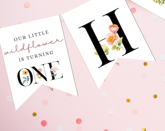 Wildflower First Birthday Banner Template: Editable Floral Bunting (Digital Download)