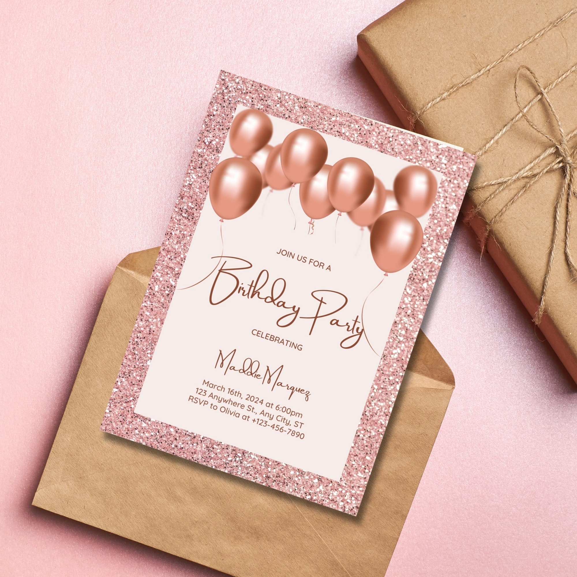 Editable Rose Gold Birthday Invitation Template, Birthday Printable ...
