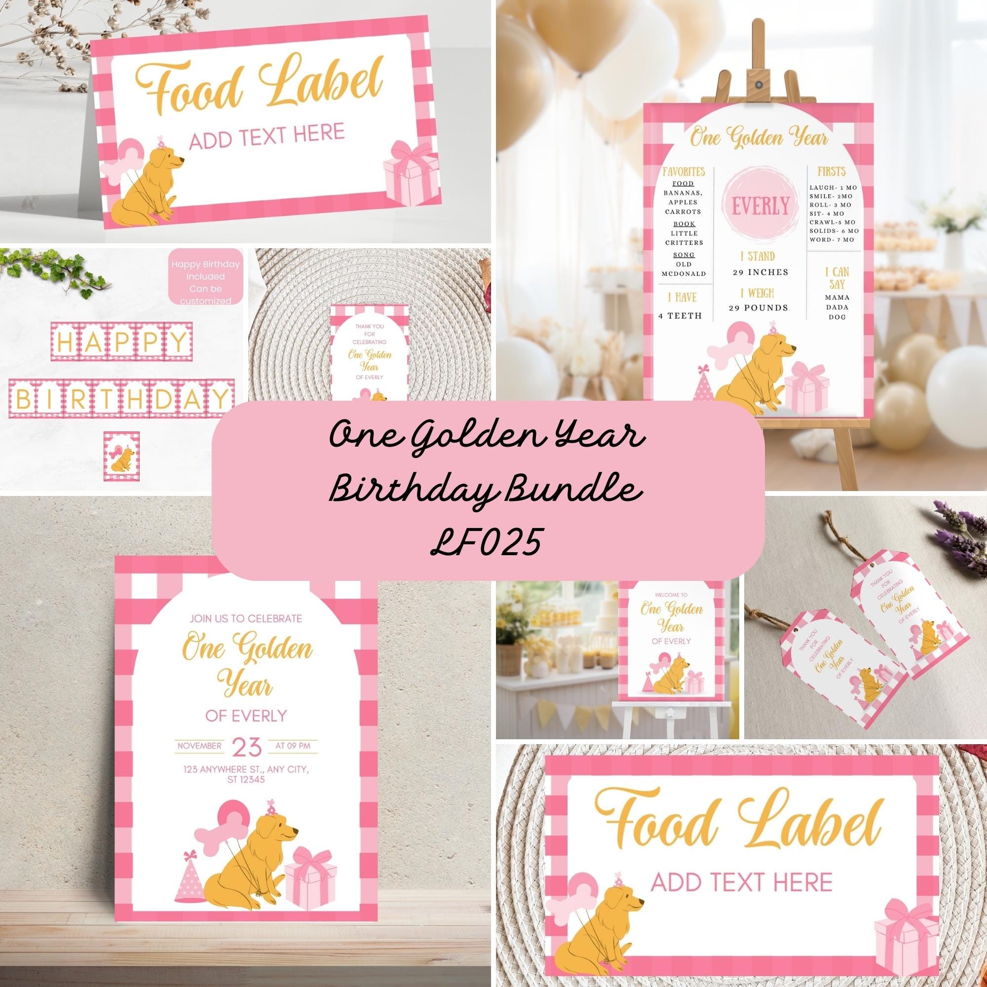 One Golden Year  Happy Birthday Bundle Girl First Birthday Bundle Golden Retriever Birthday 1st Birthday Party Dog Birthday Decor LF025