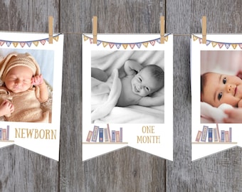 One for the Books Photo Banner Book Themed Birthday Party Decoration Library Book Party Birthday Banner Customizable 12 Month Birthday LF012