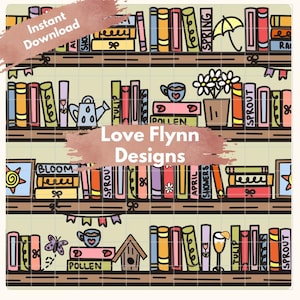 Spring Bookshelf Seamless Pattern 300 DPI PNG Download for Digital Papers Vinyl Fabric Surface Design Bookish Book Lovers Spring Day