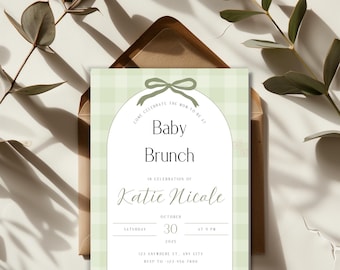 Sage Green Baby Shower Invitation Printable, Gingham Baby Brunch Invite, Editable Canva Template Instant Digital Download