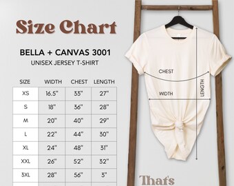 Tabla de tallas Bella Canvas 3001: Medidas de camisetas (Descarga digital)