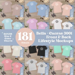 May include: A collection of Bella + Canvas 3001 t-shirt mockups in various colors, including pink, blue, and white, with the text "Your Design Here." The image also includes jeans, hats, and accessories. The image text says "181 Colours."