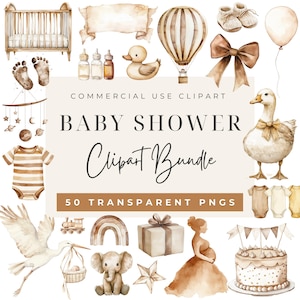 Baby Shower Clipart Bundle, Watercolour Neutral Baby Shower, Commercial Use PNG, Clipart, DIGITAL DOWNLOAD, Beige Baby Shower, Teddy Bear