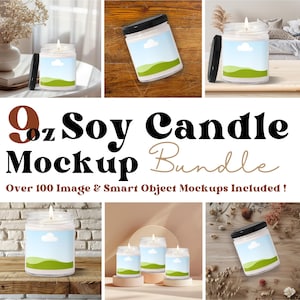 May include: A collection of soy candle mockups. The candles are in clear glass jars with black lids. Each jar has a label with a blue sky, white cloud, and green hill design. The text reads "9oz Soy Candle Mockup Bundle".