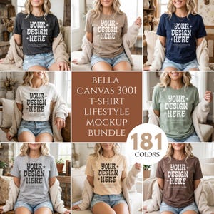 May include: A Bella Canvas 3001 t-shirt mockup bundle featuring eight different color shirts, each with the text YOUR DESIGN HERE printed in white. The shirts are displayed in various colors including dark gray, tan, navy, white, green, and brown.