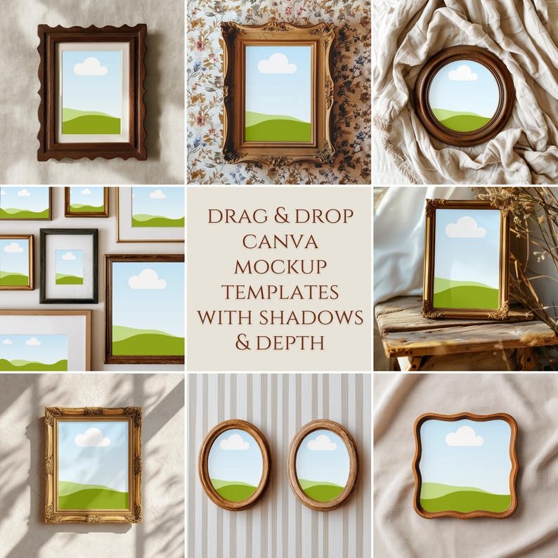 May include: A collection of framed art mockups with various frame styles, including ornate gold, dark wood, and simple black frames. Each frame displays a landscape scene with a blue sky, white cloud, and green hills. Text reads: DRAG & DROP CANVA MOCKUP TEMPLATES WITH SHADOWS & DEPTH.
