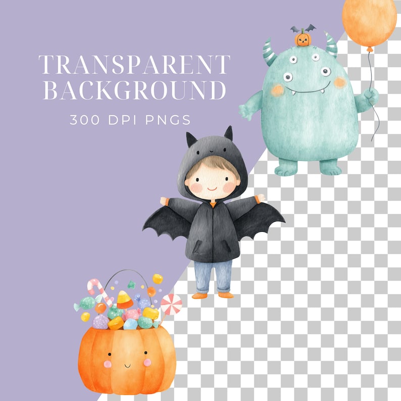 May include: Watercolor illustration featuring a child in a bat costume, a teal monster holding an orange balloon, and an orange pumpkin basket filled with candy. The text "TRANSPARENT BACKGROUND 300 DPI PNGS" is displayed.
