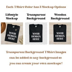 May include: Image showcasing three mockup options for t-shirts: lifestyle, transparent background, and wooden background. Each black t-shirt displays "YOUR DESIGN HERE." Text explains transparent background images can be added to any background for custom mockups.