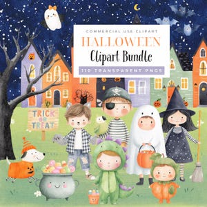 Pode incluir: Uma ilustração digital de um pacote de clip art de Halloween com crianças fantasiadas, incluindo um fantasma, uma bruxa e um pirata. A imagem inclui um cão com uma fantasia de abóbora, um caldeirão de doces e o texto "Trick or Treat".