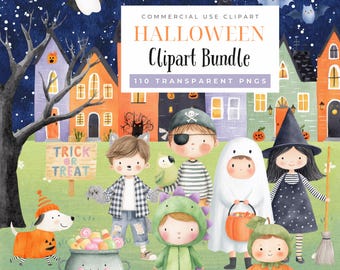 Clipart fofo de Halloween aquarela kawaii fantasma abóbora gato aranha morcego fantasias infantis halloween png caldeirão doce arco uso comercial