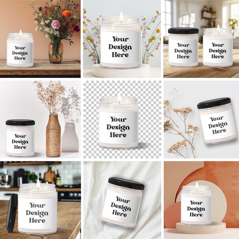 May include: Clear glass jar candle with a black lid and a white label that reads "Your Design Here." The candle is lit, and the flame is visible. The candle is shown in various settings.