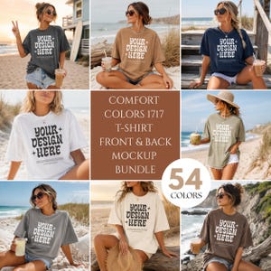May include: A Comfort Colors 1717 t-shirt mockup bundle featuring 54 colors. The t-shirts display the text YOUR DESIGN HERE with star accents in various fonts. The collection includes multiple images of t-shirts in different settings.