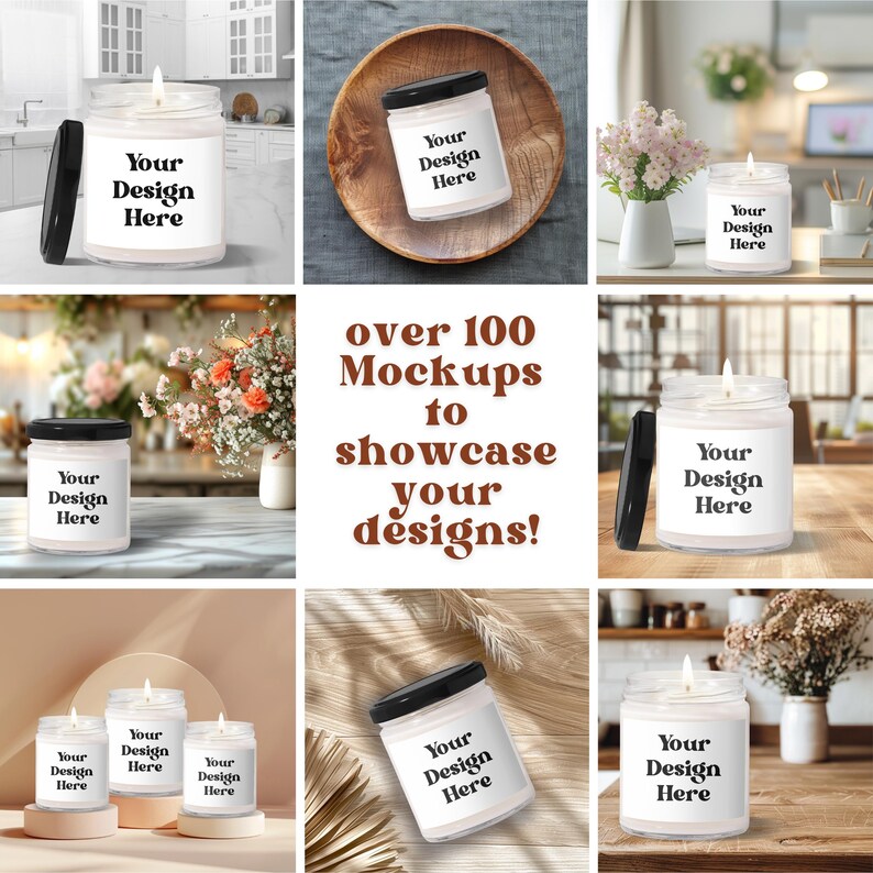 May include: A collection of glass jar candles with black lids, each featuring a white label with the text "Your Design Here." The image showcases various mockups, with the text "over 100 Mockups to showcase your designs!"