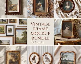 Vintage Frame Mockup Bundle Canva 70 Antique Gold Wood Frames Wall Art Mockups, Editable Drag & Drop, Neutral Aesthetic French Countryside