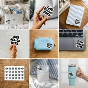 Sticker Mockup Bundle 50 Sticker Mockups, Drag & Drop Canva Templates, POD Sticker Mockups, Laptop Phone Packaging Mockups Backgrounds image 4