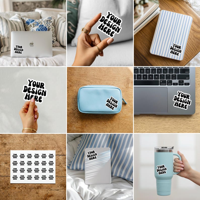 Sticker Mockup Bundle 50 Sticker Mockups, Drag & Drop Canva Templates, POD Sticker Mockups, Laptop Phone Packaging Mockups Backgrounds image 4