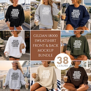 May include: A Gildan 18000 sweatshirt mockup bundle featuring various colors including black, gray, navy, white, olive green, and brown. Each sweatshirt displays the white text YOUR DESIGN + HERE in a wavy font on the front center.