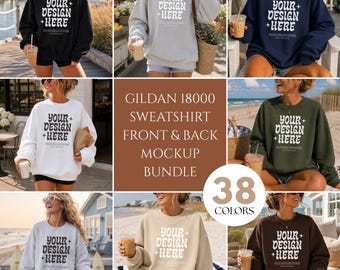 Gildan 18000 Mockup Bundle 38 Front & Back Sweatshirt Mockups Oversized Crewneck Lifestyle Mockup Print On Demand Canva Hamptons Printify