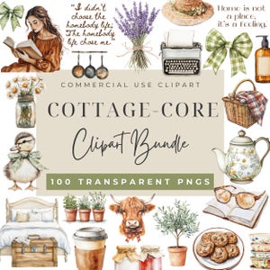 Puede incluir: Un paquete de clipart digital con ilustraciones de estilo cottagecore. El paquete incluye una variedad de imágenes, como una vaca, una tetera, una máquina de escribir, un libro, un tarro de mermelada, una planta en maceta, una taza de café, una cesta, un pato, una cama, un cofre, un plato de galletas y unas gafas. El texto "COTTAGE-CORE Clipart Bundle 100 TRANSPARENT PNGS" se muestra en la imagen.