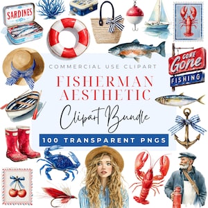 Fisherman Aesthetic Clipart Coastal Coquette Fisherman Core Sardine Clipart Sailor Graphics Vintage Beach Navy Bachelorette PNG Bundle