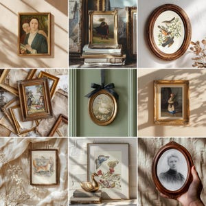 May include: A collection of framed vintage art prints, including portraits, landscapes, and botanical illustrations. The frames vary in style, from ornate gold to simple wood, and the artwork features a range of subjects and styles.