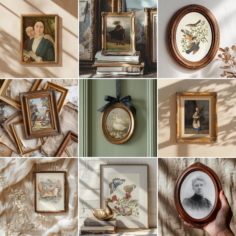 May include: A collection of framed vintage art prints, including portraits, landscapes, and botanical illustrations. The frames vary in style, from ornate gold to simple wood, and the artwork features a range of subjects and styles.