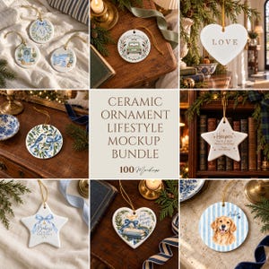 May include: A collection of white ceramic ornaments in round, heart, and star shapes featuring various illustrations including a dog, a car, and text. The center text reads Ceramic Ornament Lifestyle Mockup Bundle 100 Mockups.