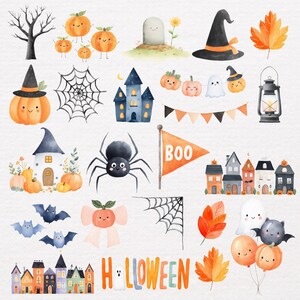 May include: Watercolor illustrations of Halloween-themed objects. Includes pumpkins, bats, a spider, a haunted house, a witch's hat, a tombstone, a banner, and the word "Halloween". The color palette features orange, black, blue, and white.