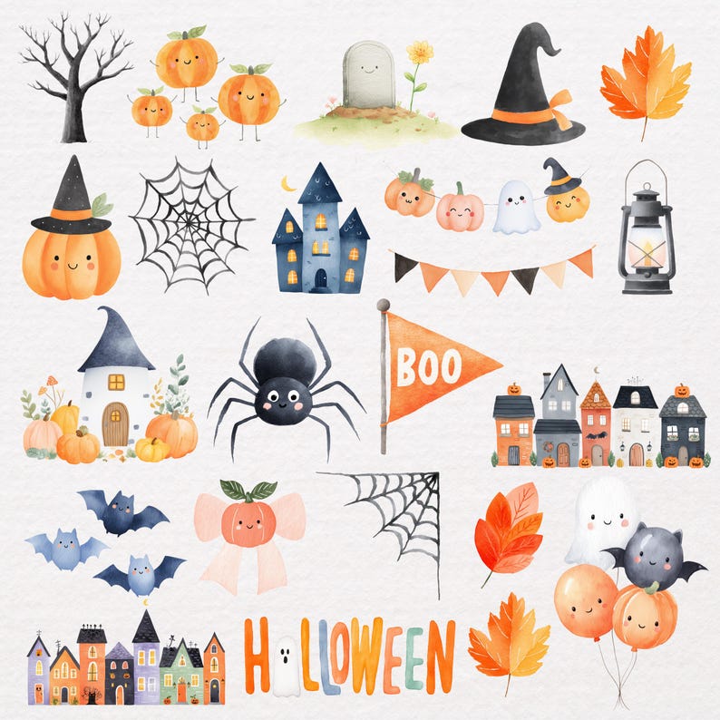 May include: Watercolor illustrations of Halloween-themed objects. Includes pumpkins, bats, a spider, a haunted house, a witch's hat, a tombstone, a banner, and the word "Halloween". The color palette features orange, black, blue, and white.