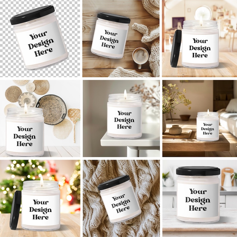 May include: A collection of glass jar candles with black lids. Each candle has a white label with the text "Your Design Here". The candles are lit, with a visible flame. The background varies, including wood, fabric, and a Christmas tree.
